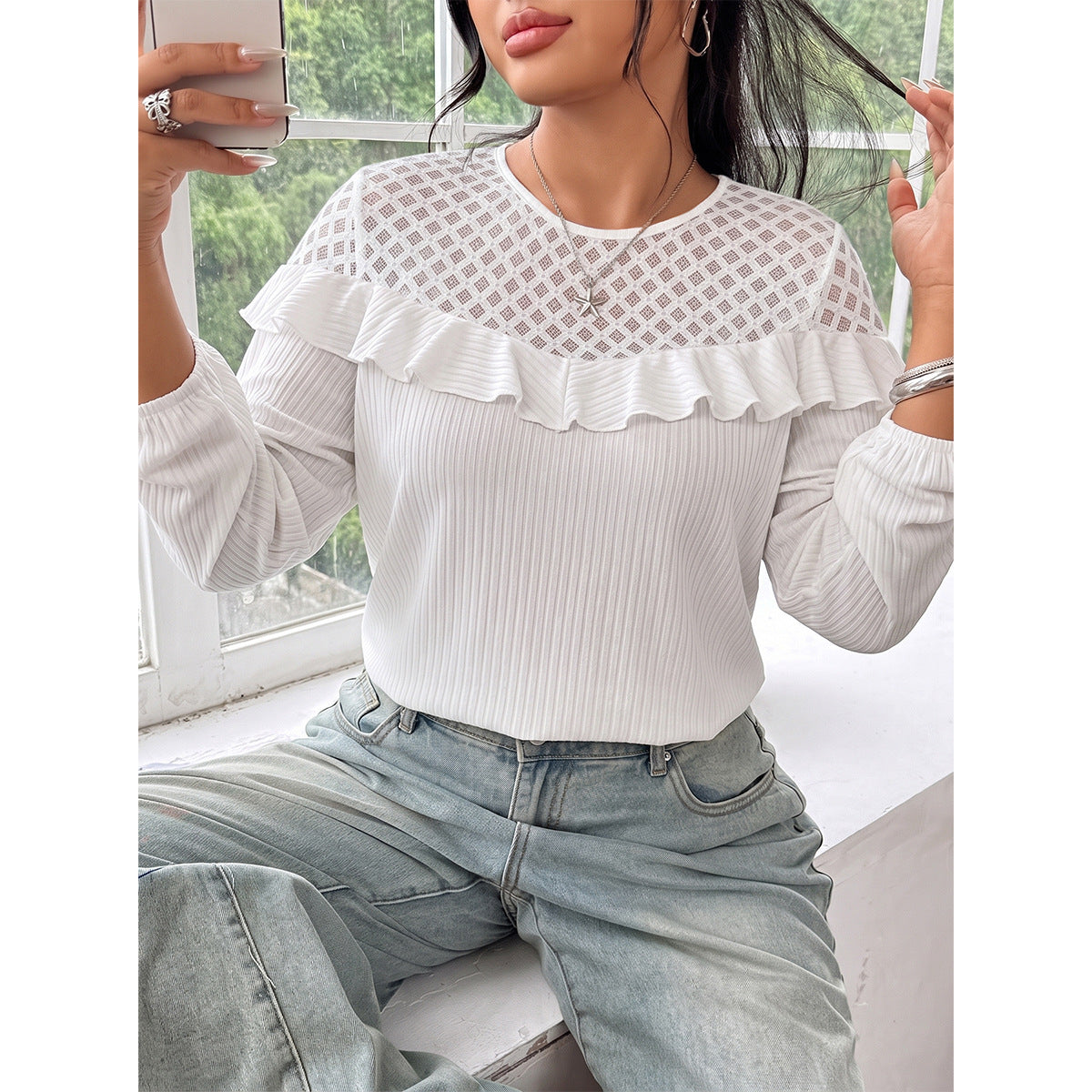 French round Neck Rhombus Gauzy Stitching Tops Women Ruffled Filler Vertical Sunken Stripe Knitted Gentle Long Sleeve Shirt
