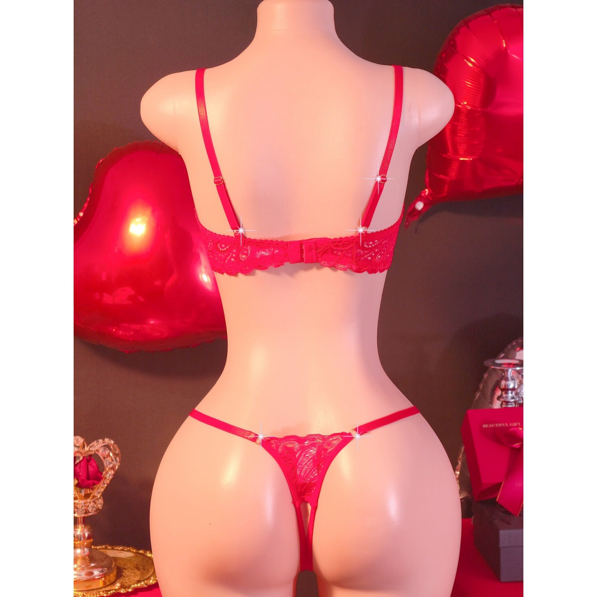 Red Lace Underwear Two Piece Metal Chain Shoulder Strap Sexy Home Wear