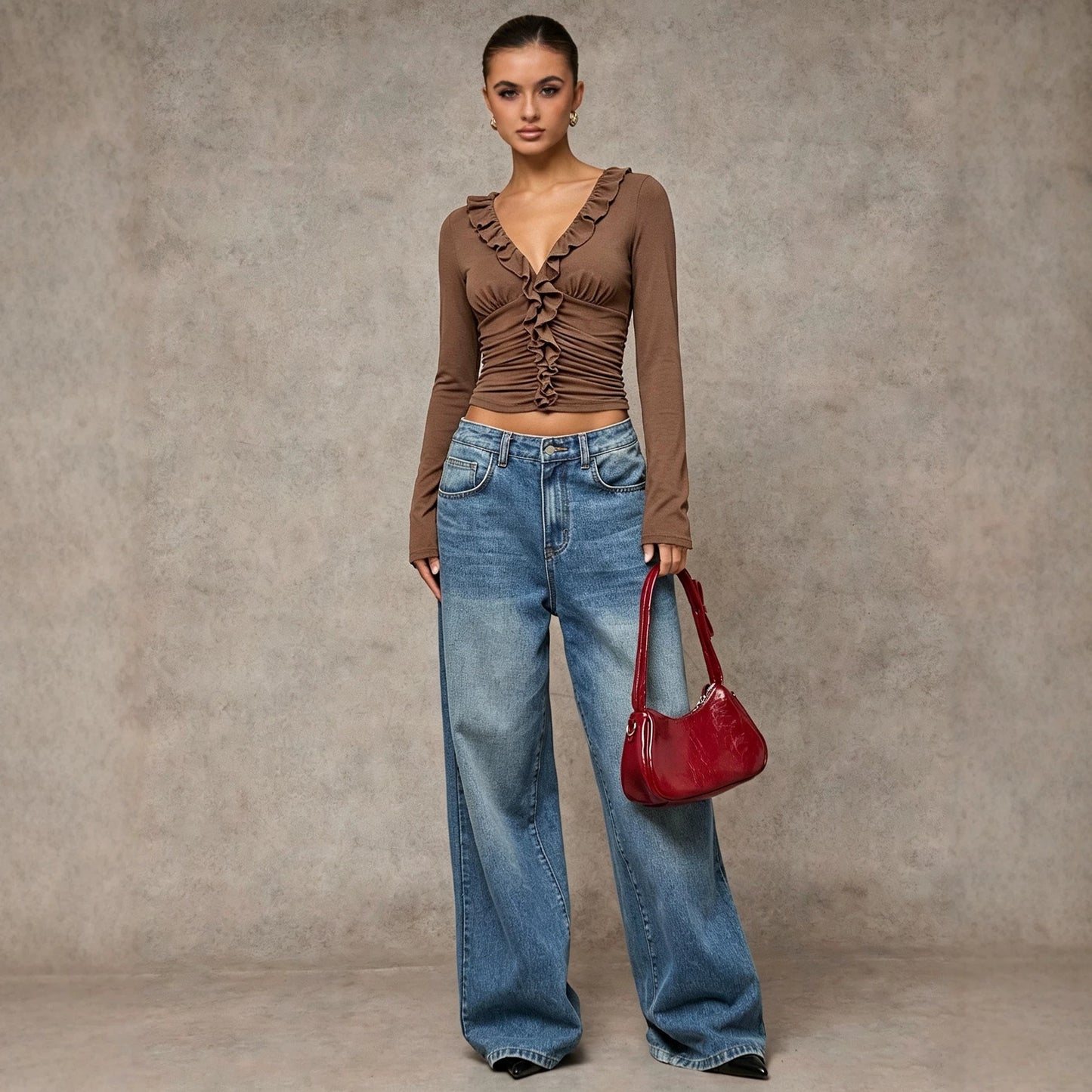 Autumn Winter V neck Ruffled T Shirt Women Pleated Nipped Waist Slimming Short Long Sleeve Bottoming Top