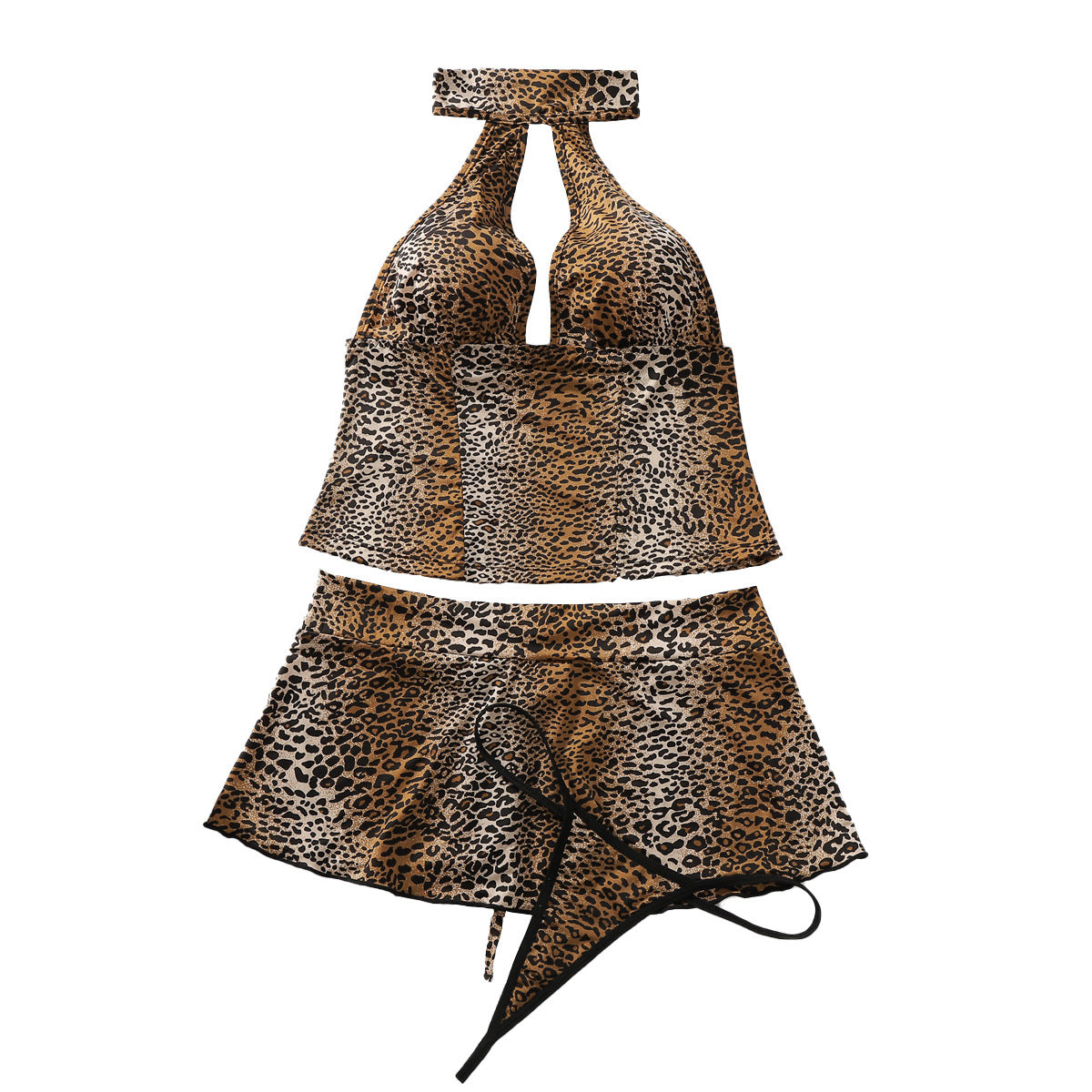 Vintage Leopard Print Hollow Out Cutout Deep V Plunge Halterneck Vest Stitching Low Waist Air Skirt with T Back Set