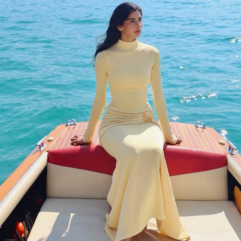 Women Clothing Autumn Suede Solid Color Long Sleeve Pleated Fishtail Dress Slim Dress