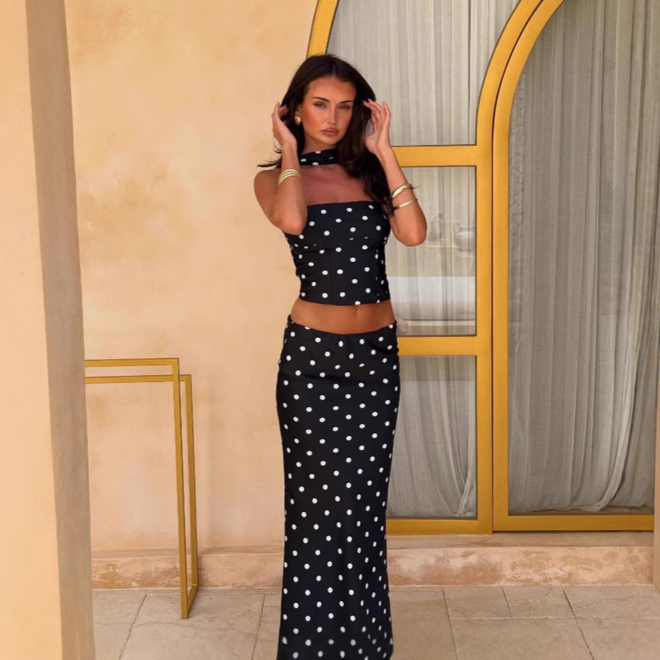 Summer Elegant Polka Dot Print Cropped Tube Top Vest Skirt Two Piece Set