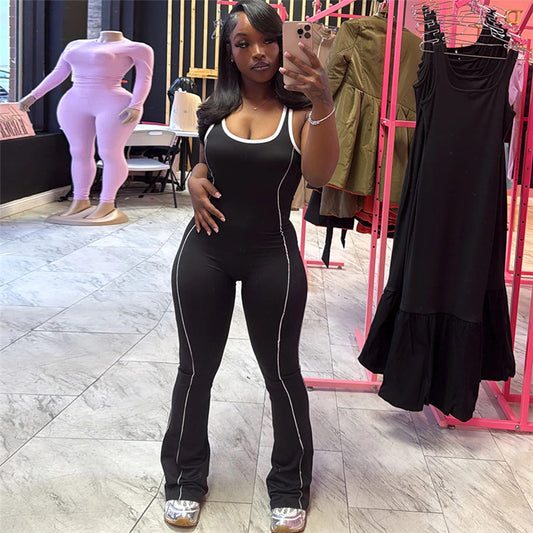 Summer Backless Tight Contrast Color Slim Fit Hip Lifting Yoga Casual Jumpsuit for Women