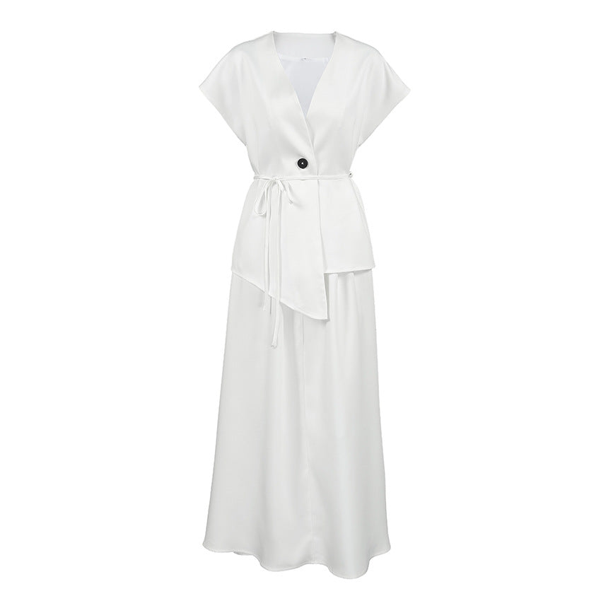 Conjunto de dos piezas de chaleco blanco de manga corta con cordones para mujer, camisa blanca de longitud media y falda acampanada