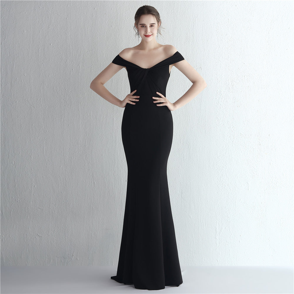 Satin Slim off Shoulder Long Debutante Gala Dinner Slimming Fishtail Wedding Car Model Show Dress