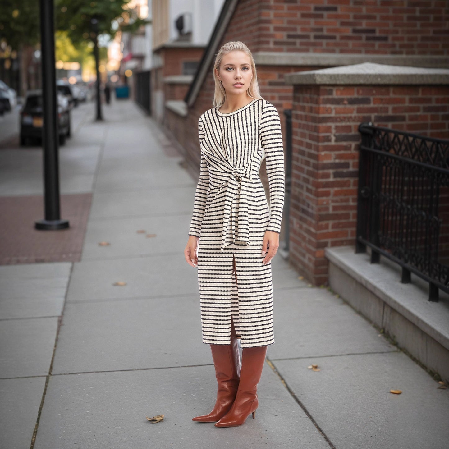 Striped Waist Twist Waist Controlled Slim Fit Slimming Split round Neck Dress