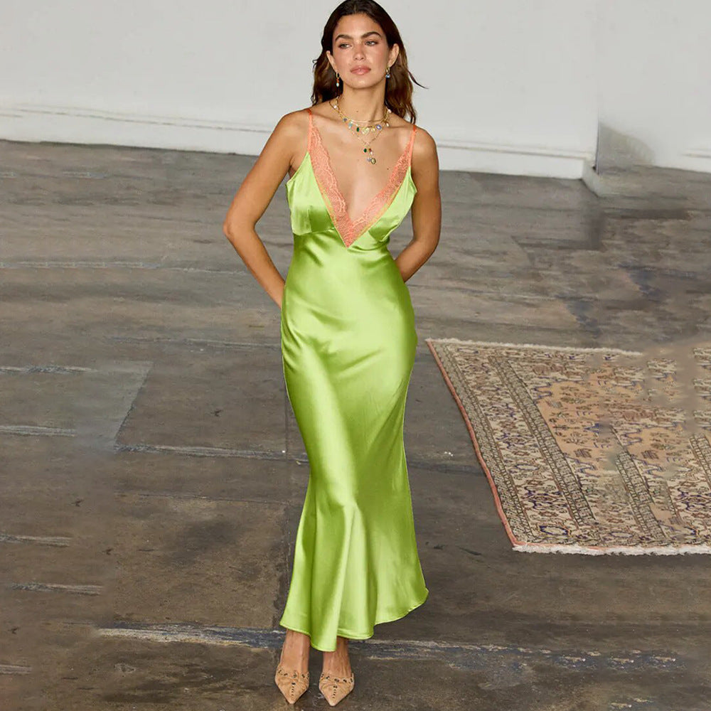 Satin Maxi Dress Sexy Deep V Plunge neck Backless Sexy Strap Dress