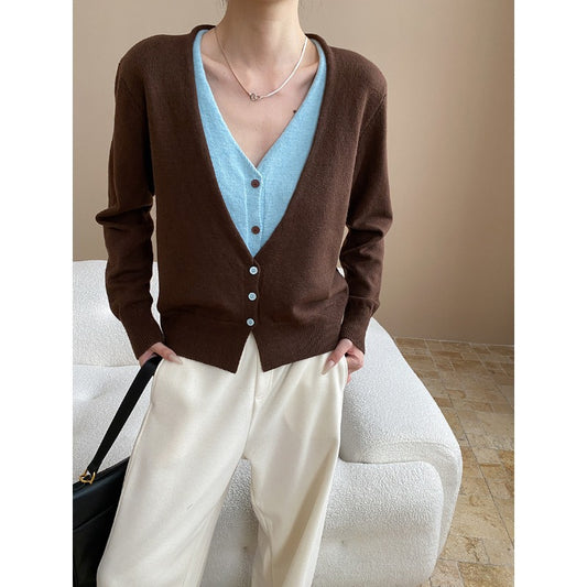 Layered Aesthetics Niche Design Contrast Colors False Two Piece V neck Figure Flattering Knit Cardigan