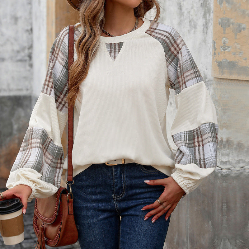 Casual Top Loose Plaid Colorblock round Neck Sweatshirt