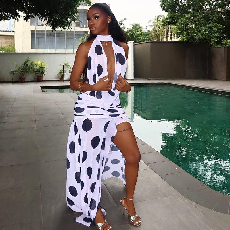Black White Polka Dot Women Split Printed Street Asymmetric Dress Turtleneck Lace up Backless Dress