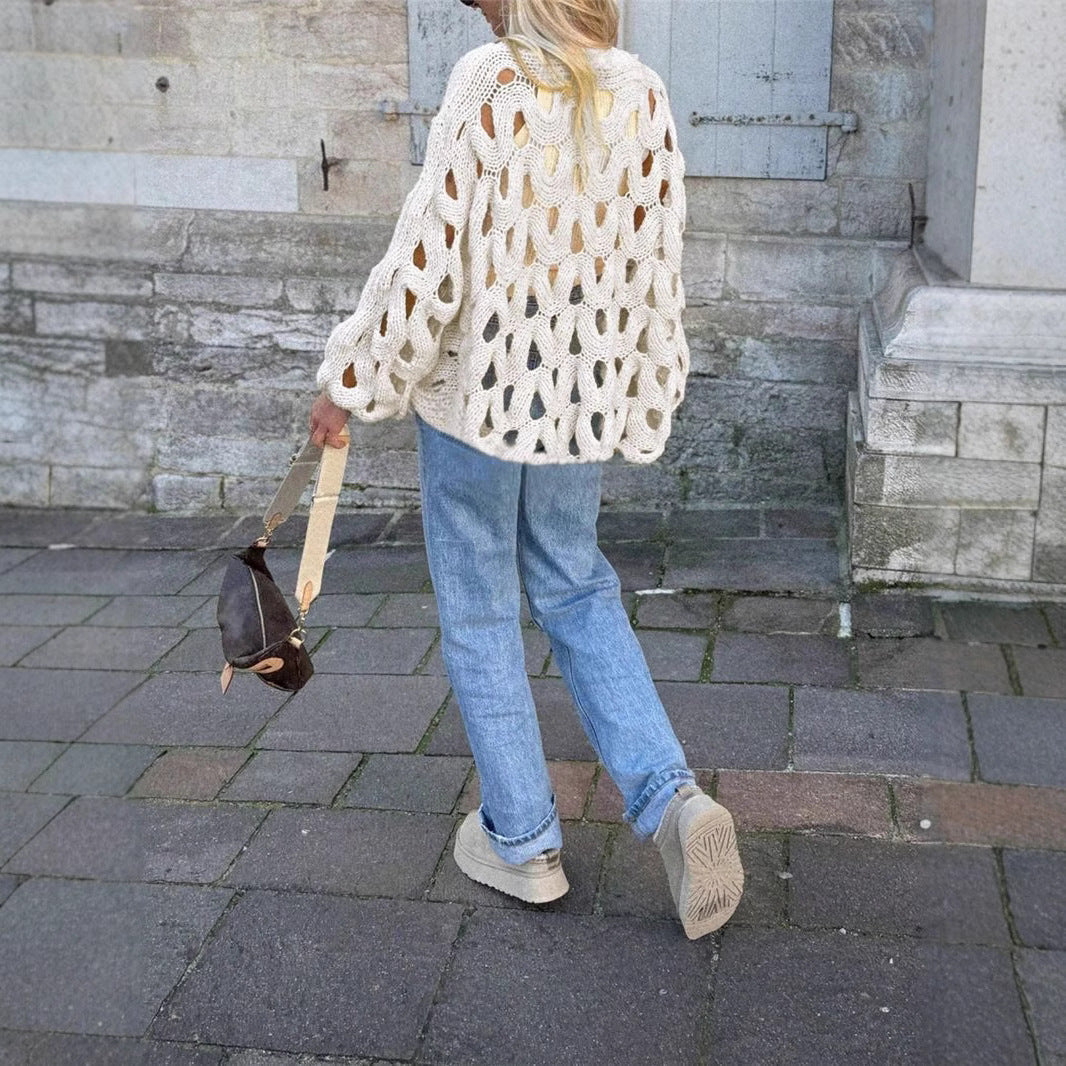Women asual Solid Color Casual Vacation Beach Hollow Out Cutout-out Hook Floral Long Sleeve Sweater Pullover