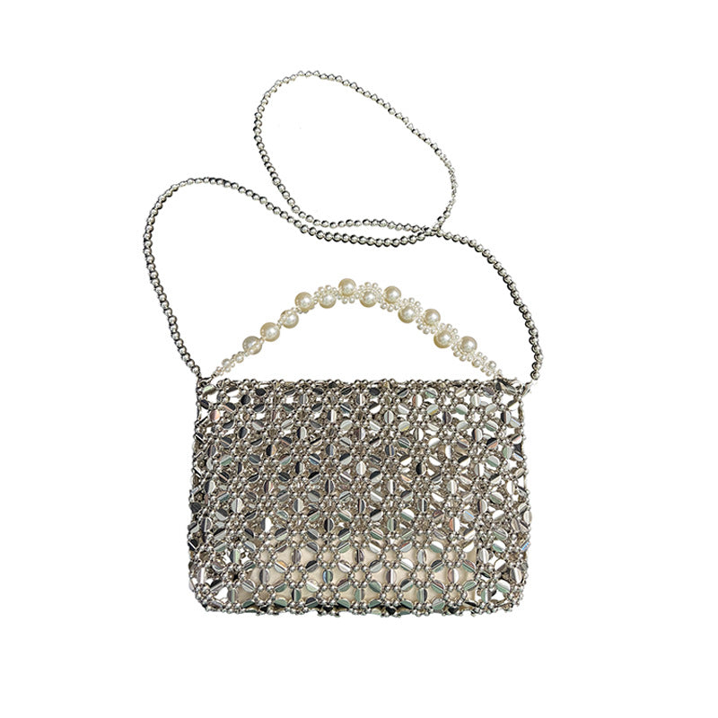 Korean Niche Casual Beaded Woven Bag Chain Shoulder Bag Simple All Match Crossbody Handbag for Women