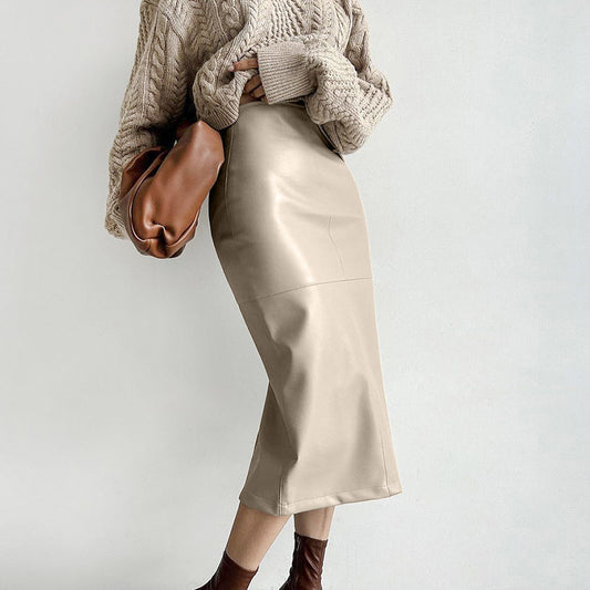 Autumn Winter Retro Classic Khaki Fleece lined Matte Slimming Faux Leather High Waist Casual Slit Skirt for Women - Wanita Store