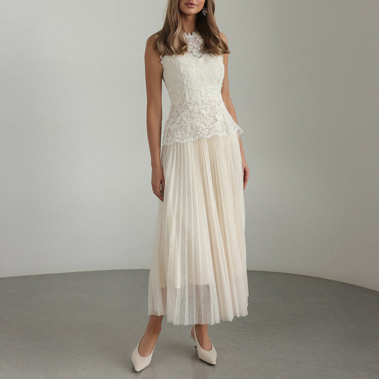 Women Elegant High Grade Dress Summer Lace Embroidered Mesh Stitching Sleeveless Dress