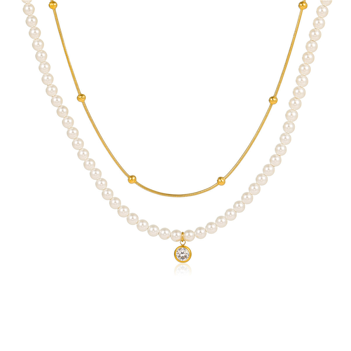 All Match Pearl Double Chain Inlaid Zircon Titanium Steel Necklace 18K Stainless Steel Clavicle Chain Accessories - Wanita Store