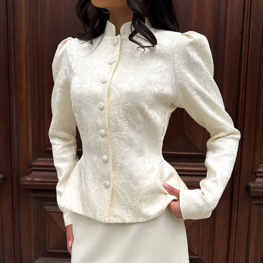 Vintage Court Jacquard Top Women Autumn Stand Collar Puff Sleeve Tight Waist Lotus Leaf Hem Thin Coat