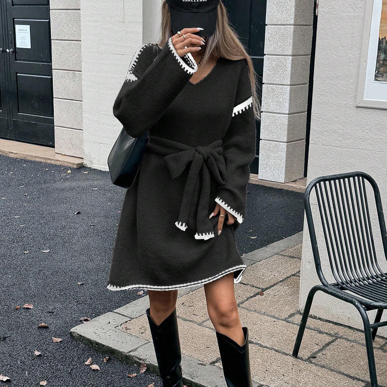 Idle Tie Waist Trimming Loose Knitted V neck Long Sleeve Fall Mid Length Dress Women