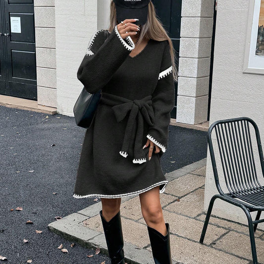 Idle Tie Waist Trimming Loose Knitted V neck Long Sleeve Fall Mid Length Dress Women