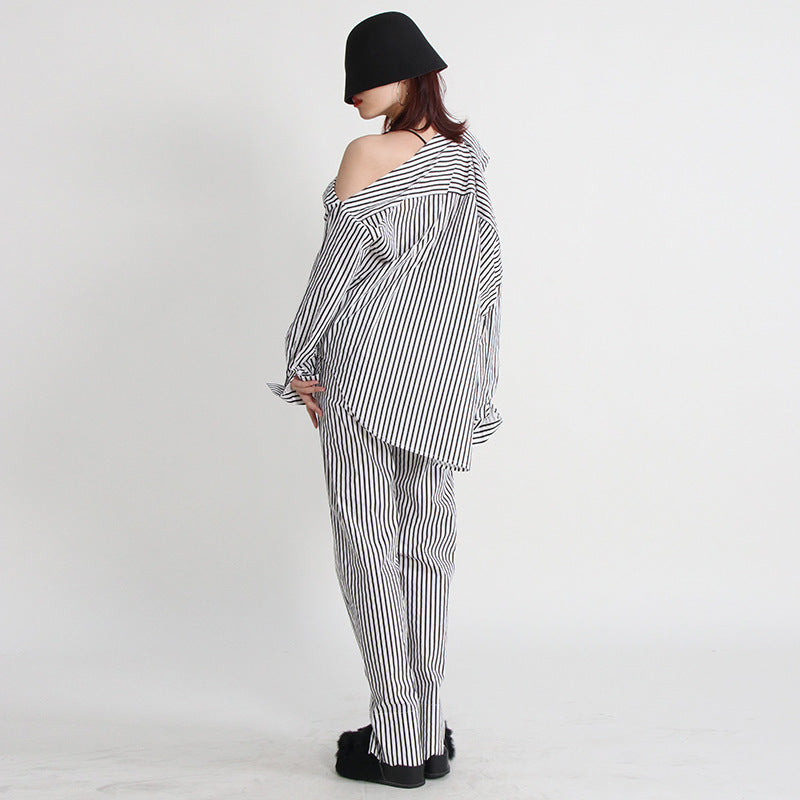 Urban Casual Simple Autumn Irregular Asymmetric Multi Way Shirt Mid Waist Straight Trousers Striped Set