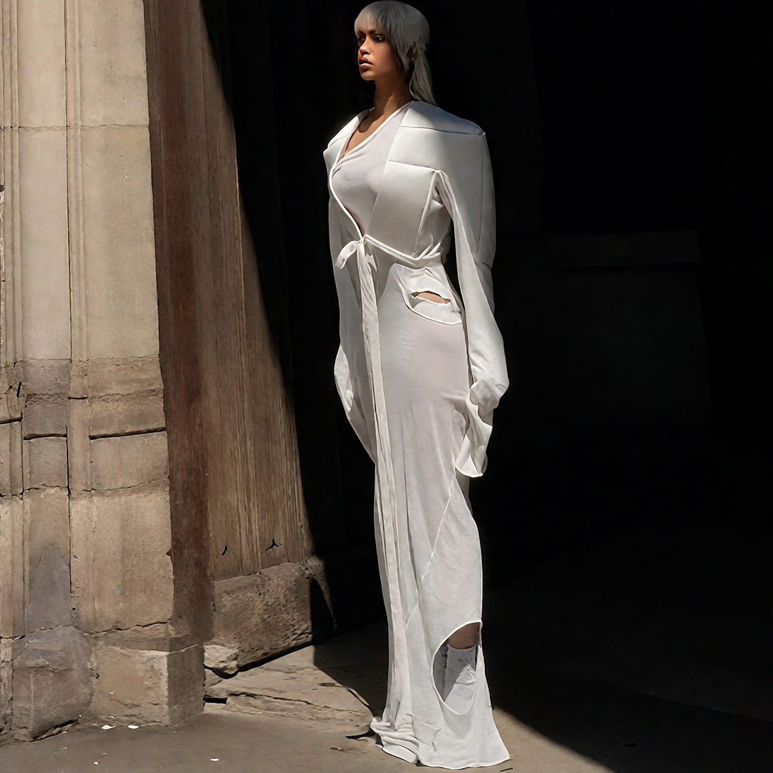 Women Clothing Personality Street Wide Shoulder Long Sleeve V neck Lace up Solid Color Short Coat