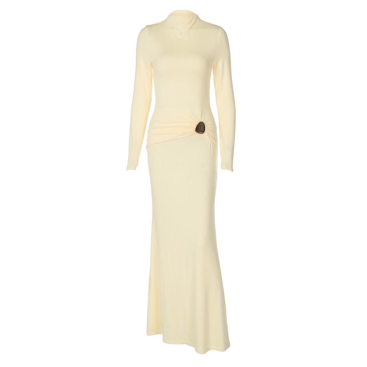 Women Clothing Autumn Suede Solid Color Long Sleeve Pleated Fishtail Dress Slim Dress