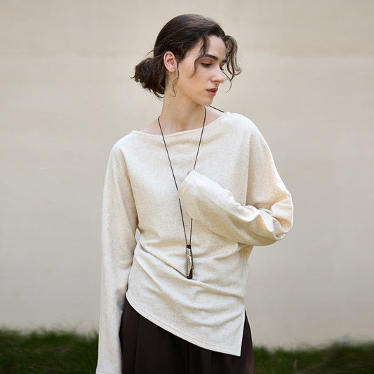 Cotton Linen Knitted off Shoulder T shirt Autumn Winter Side Slit Asymmetric Hem Top Niche Linen Sweater