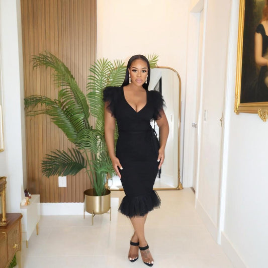 Sexy V neck Solid Color Dress Mesh Pleated Slim Fit Hip Dress