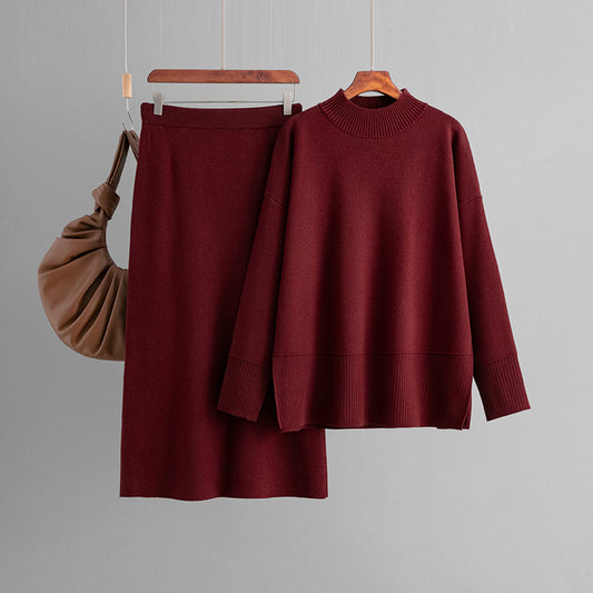 Solid Color Turtleneck Sweater Slit Half-Length Hip Skirt Two-Piece Set Autumn Winter Knitting Suit Women's