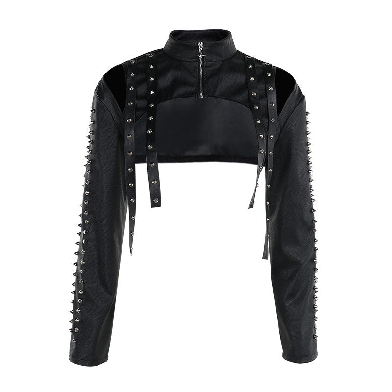 Autumn Women Clothing Elegant Sexy Slim Rivet Faux Leather Smock Top Women