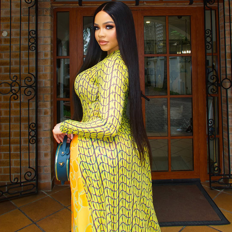 Stitching Women Printed Slim Fit Pleated Hip round Neck Long Sleeve Split Dress