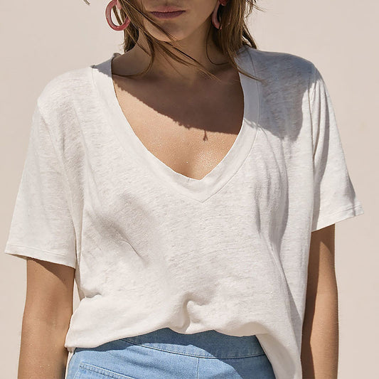 Deep V Plunge Neck Design T Shirt Top Summer Knitted Hemp Bamboo Joint Pullover Short Sleeve Loose T Shirt Women