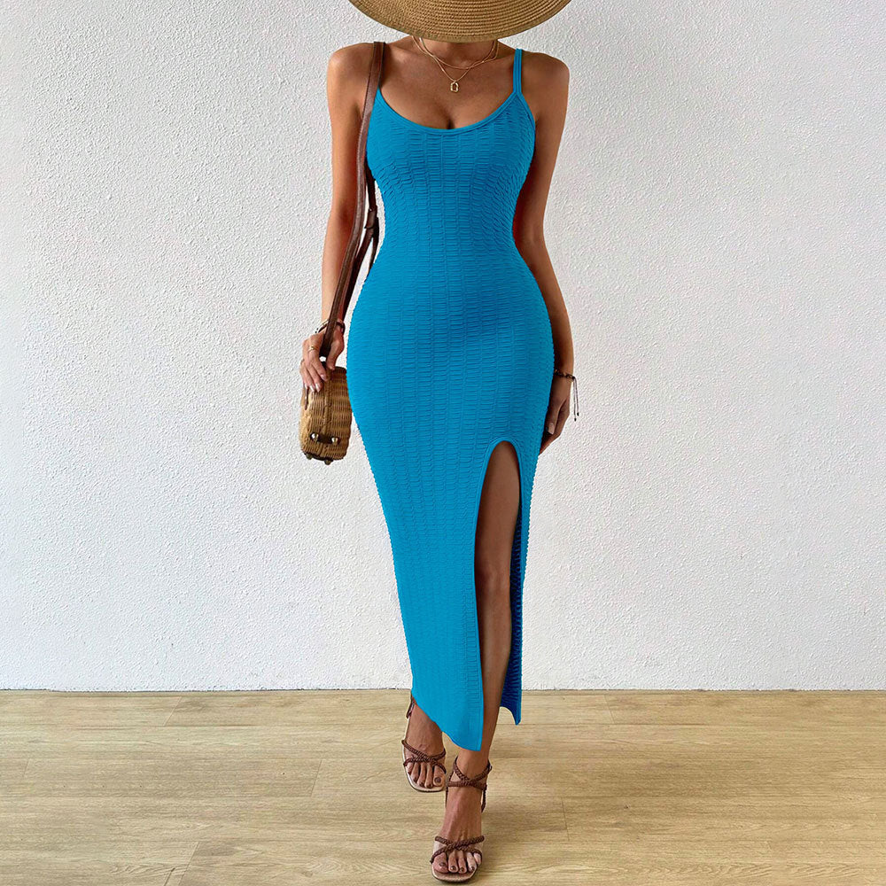 Vestido Midi de Tirantes Tejido con Abertura, Sexy, con la Cadera Ajustada, para Playa de Verano, para Mujer