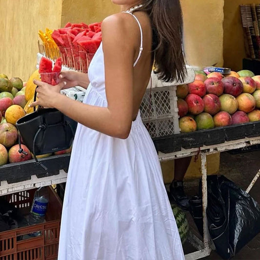 Spring Women Elegant Sexy Backless Sleeveless Solid Color V neck Suspender Skirt Large Swing Dress