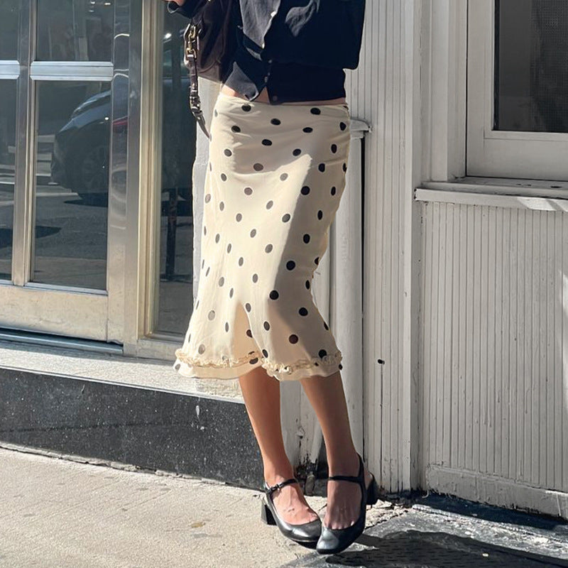Retro Dots Wooden Ear Street Contrast Color Low Waist All Match Swing Midi Skirt