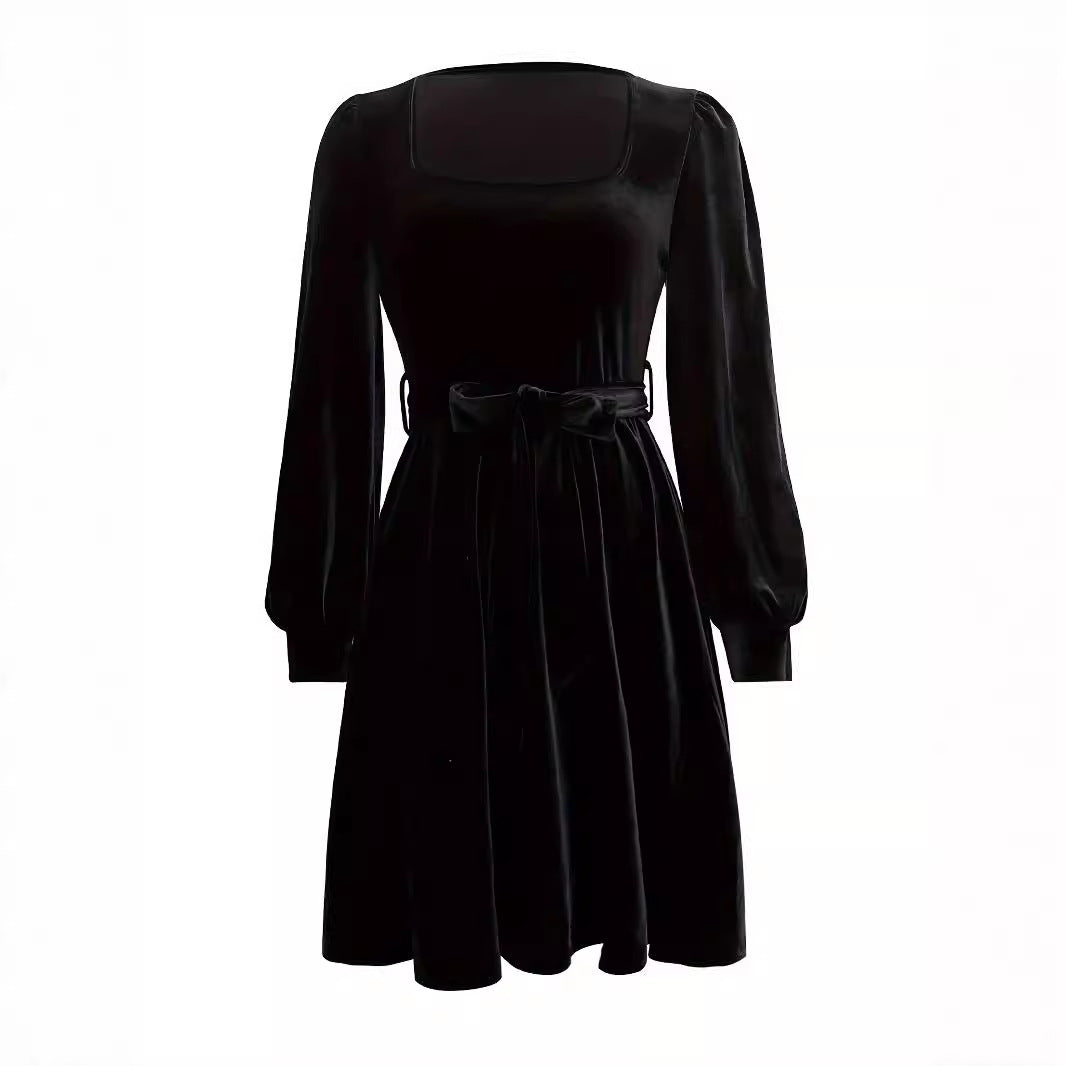 Women Dress Elegant Velvet Square Collar Easy Matching Waisted Slim Fit Stretch Long Sleeve Short Dress