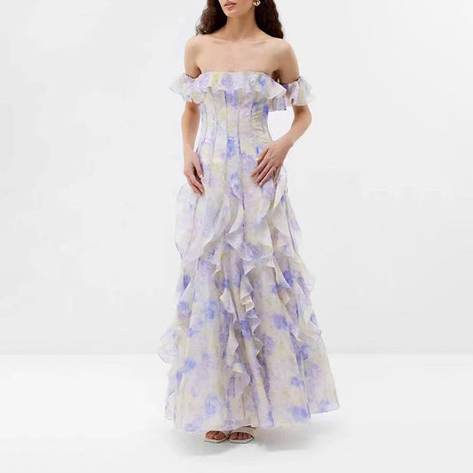 Fairy Floral God Tube Top Waist Controlled Large Hem Formal Dress Women Summer Printed Ruffled Dress Women