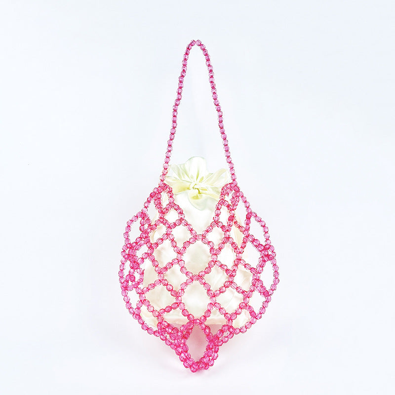 Women Casual Shoulder Bag Pink Openwork Cute Beaded Artistic Little Fairy Bag