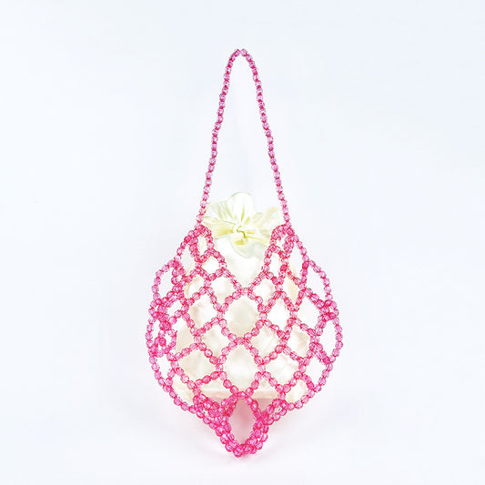 Women Casual Shoulder Bag Pink Openwork Cute Beaded Artistic Little Fairy Bag