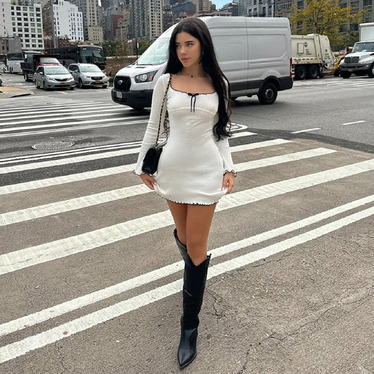 Women Clothing Autumn U-Shaped Collar Contrast Color Wooden Ear Waist Slimming Dress