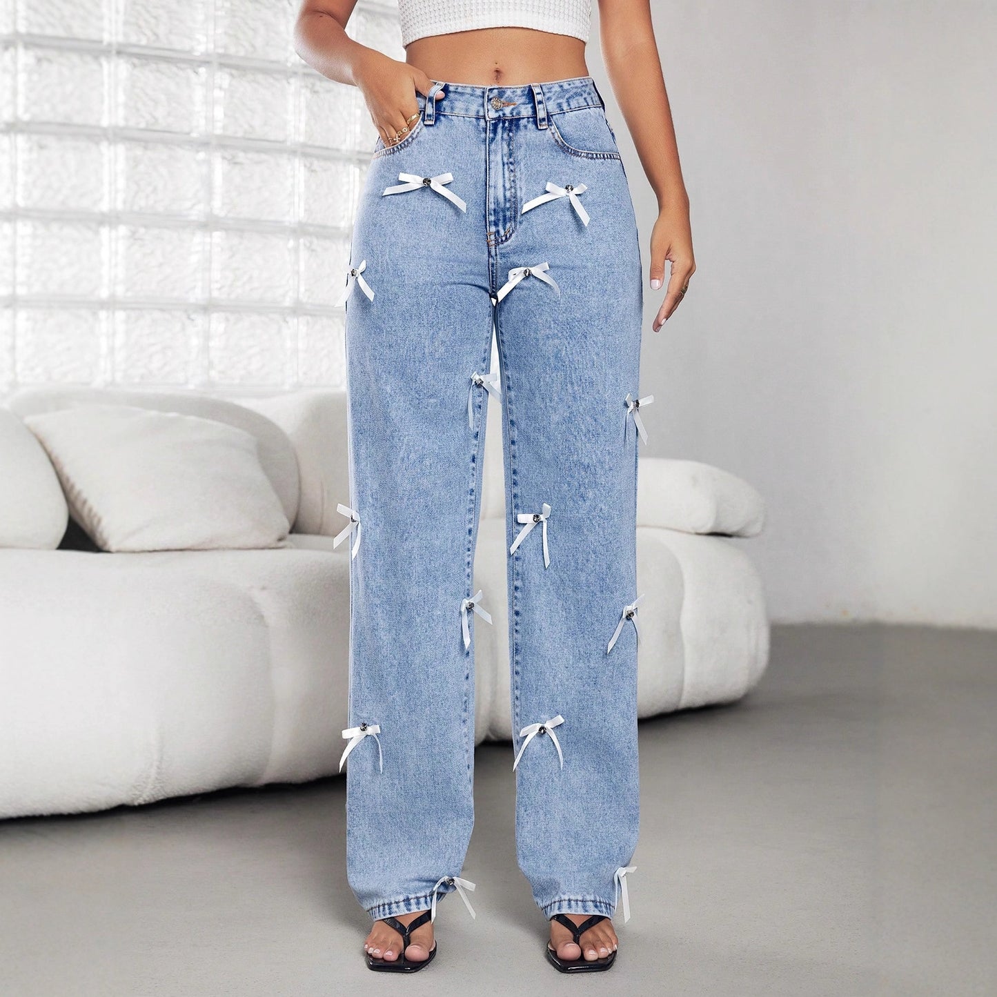 Bow Ribbon Women' Four Seasons Women Wide Leg Denim Trousers