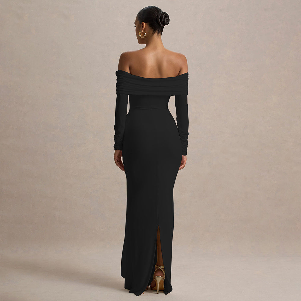 Elegant Tube Top off Neck Ribbon Dress Pleated Slim Fit Dress