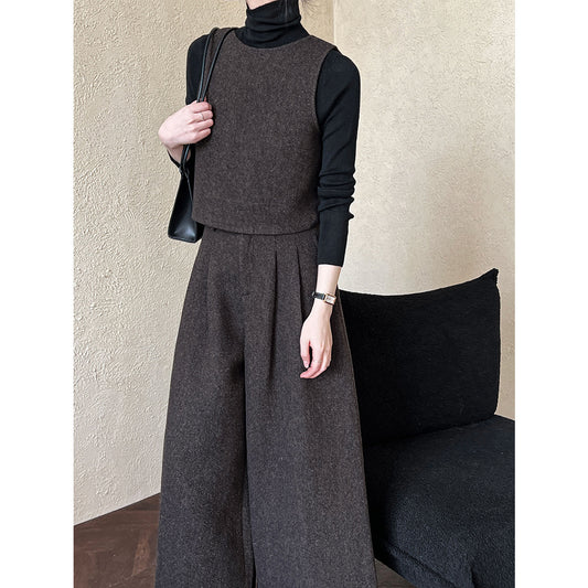 Two Way Vest Wide Leg Pants Women Autumn Winter Woolen Two Piece Sets