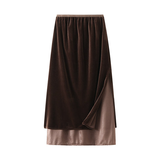 Women Retro Design Stitching Mesh Skirt Autumn A line Velvet Split Straight Skirt
