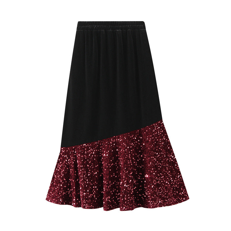 Fishtail Skirt Autumn Winter Velvet Stitching Sequined Skirt Slim Fit Show Thin Black Women