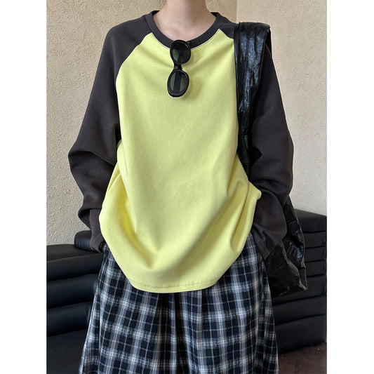 Retro Color Contrast Long Sleeve T Shirt Women Autumn Loose Sweatshirt Niche Top