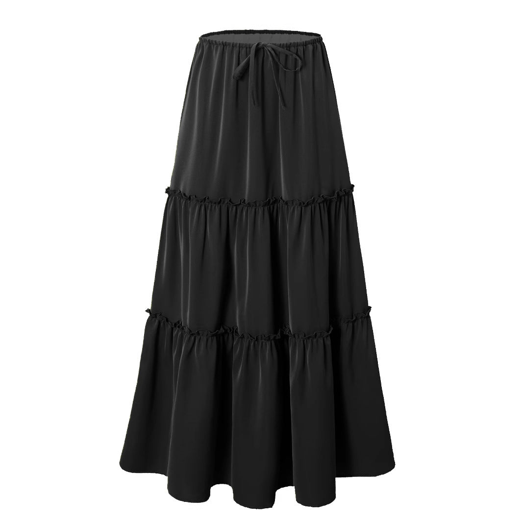 Women High Waist Elastic Pocket Long Adjustable Lace up Skirt Women