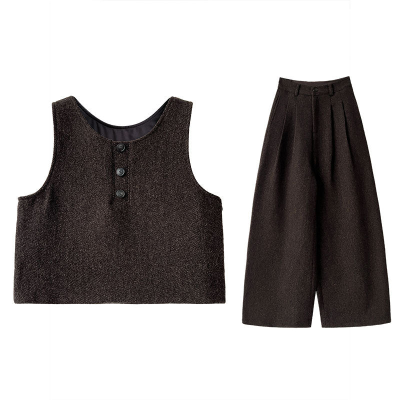Two Way Vest Wide Leg Pants Women Autumn Winter Woolen Two Piece Sets