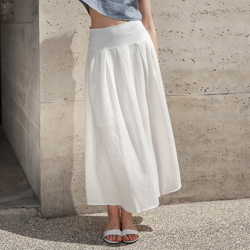 Linen Umbrella Skirt Summer Waist Pleated Design Skirt Slimming Elegant Graceful Skirt Women
