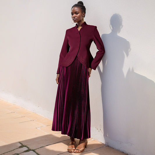 Fashionable Elegant High End Embroidered Stand Collar Single Breasted Top Pleated High Waist Skirt Sets