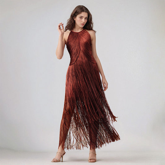 Design Tassel Sleeveless Waist Tight Bandage One Piece Dress Ladies Party Stage Performance Dress Women Clothing